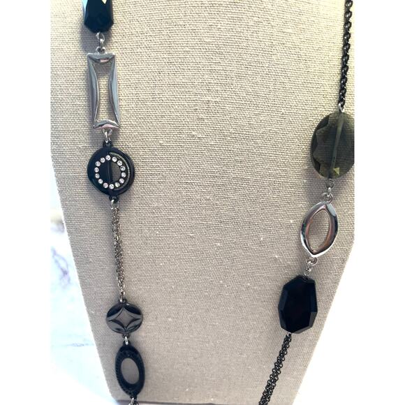 Lia Sophia Silver Tone & Black Geometric Link Necklace 18" Rhinestone Accent - Picture 5 of 7